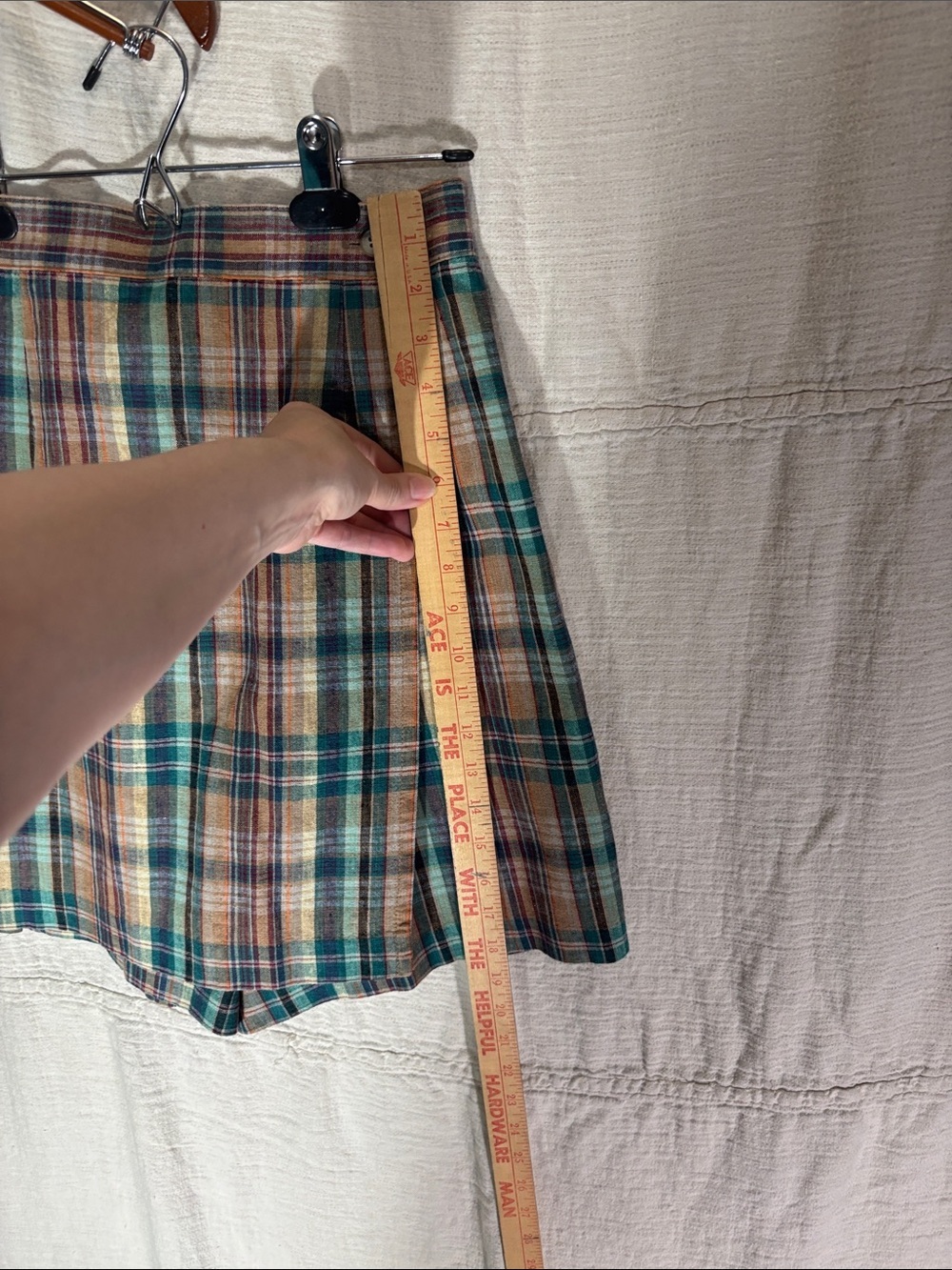 Plaid Wrap-Style Mini Skort in Teal, Brown & Cream Linen Cotton Blend - Picture 5 of 7